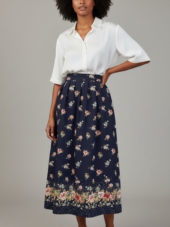 Leslie Fay Dresses & Skirts - Leslie Fay Navy Floral Border Midi Skirt 16P Coastal Chic